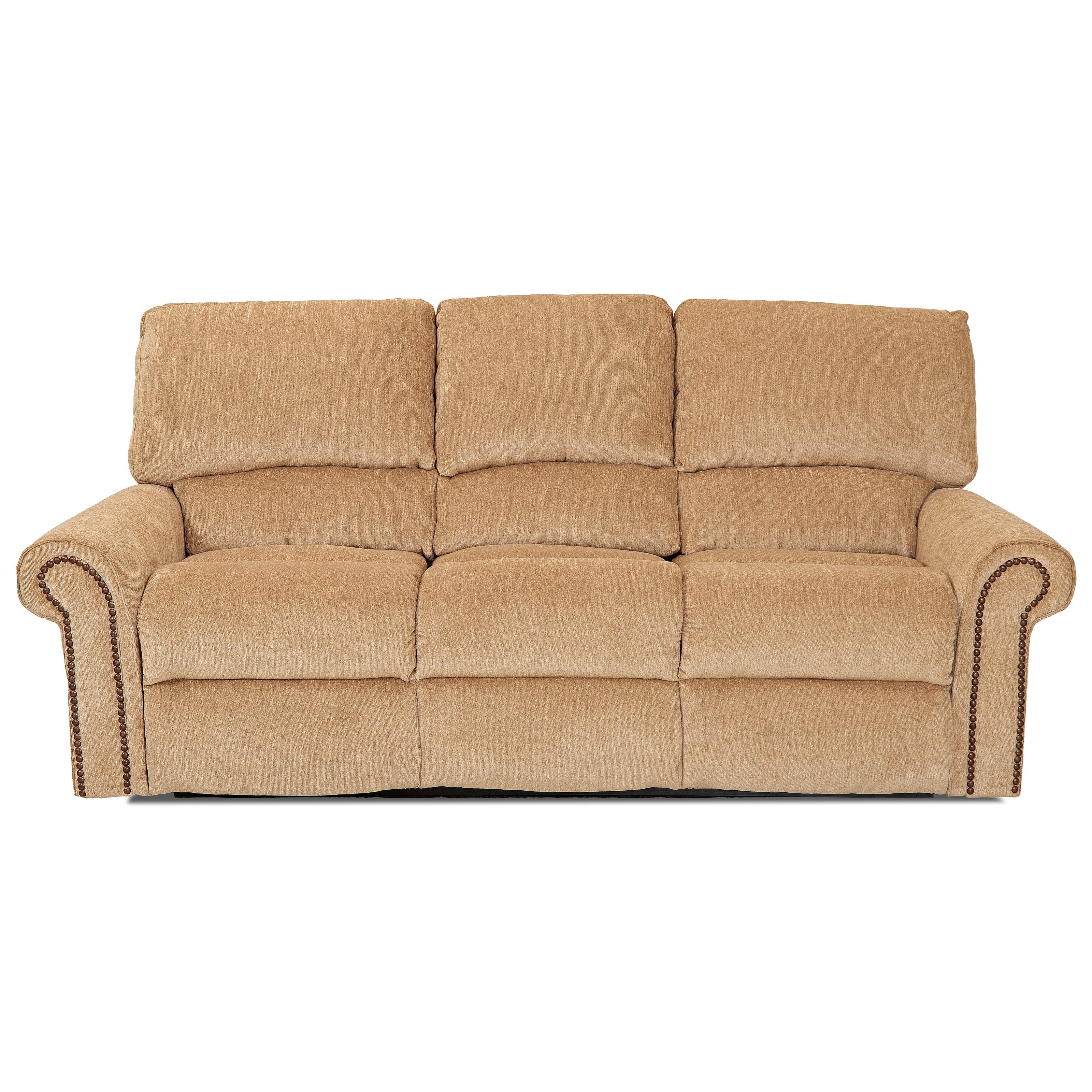 Klaussner Savannah Reclining Sofa with Rolled Arms and Nailheads